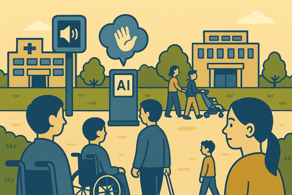 様々な障がいがる人たちが楽しく町を散歩しているイラスト